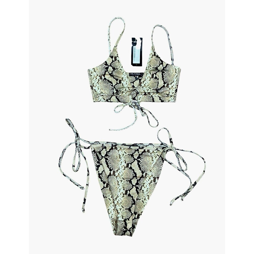 Nasty Gal Snake Print Black/Beige 2-Piece Bikini Tie Front Top Tie Side Bottom 8